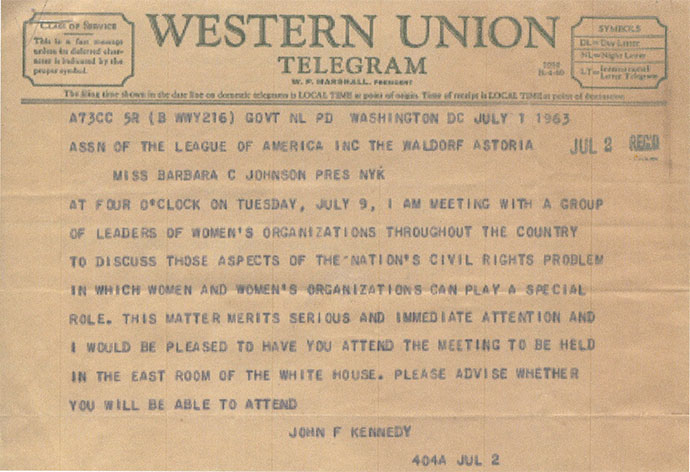 President John F. Kennedy invites The Junior League to meetings concerning public interest